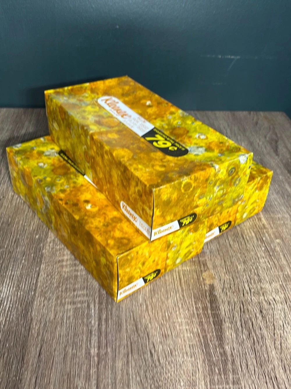 3 Vtg Yellow Kleenex Tissue Blue Box 175 2-Ply Tissues Shiny Foil Look Box